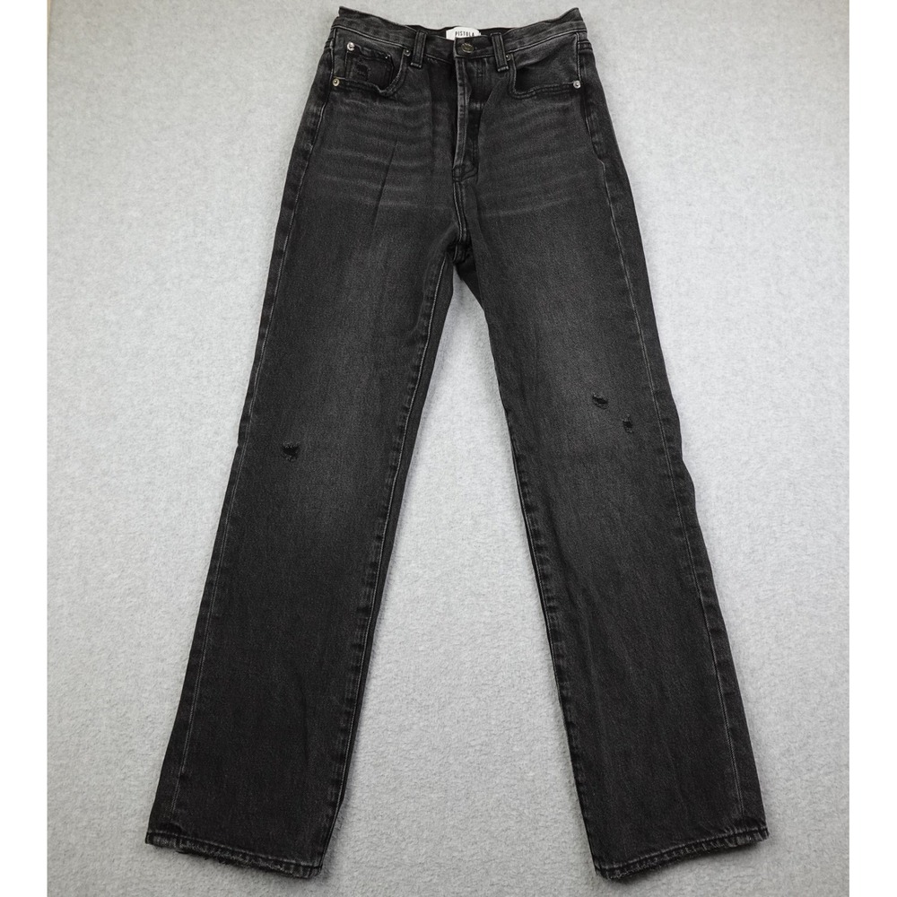 PISTOLA Jeans Womens 25 Black Denim Button Fly Distressed High Rise Straight Leg
